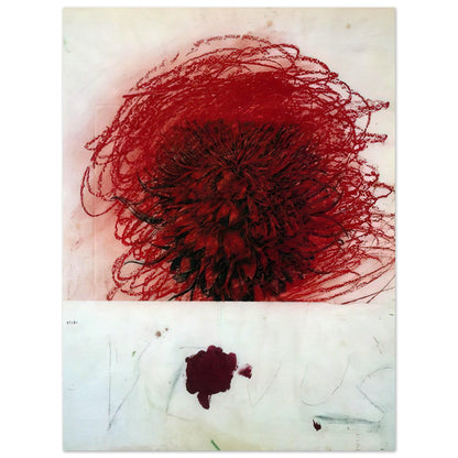 Pan II by Cy Twombly, poster, intense red composition with dense dark brushstrokes and swirling, 40x50 cm (16x20 in)