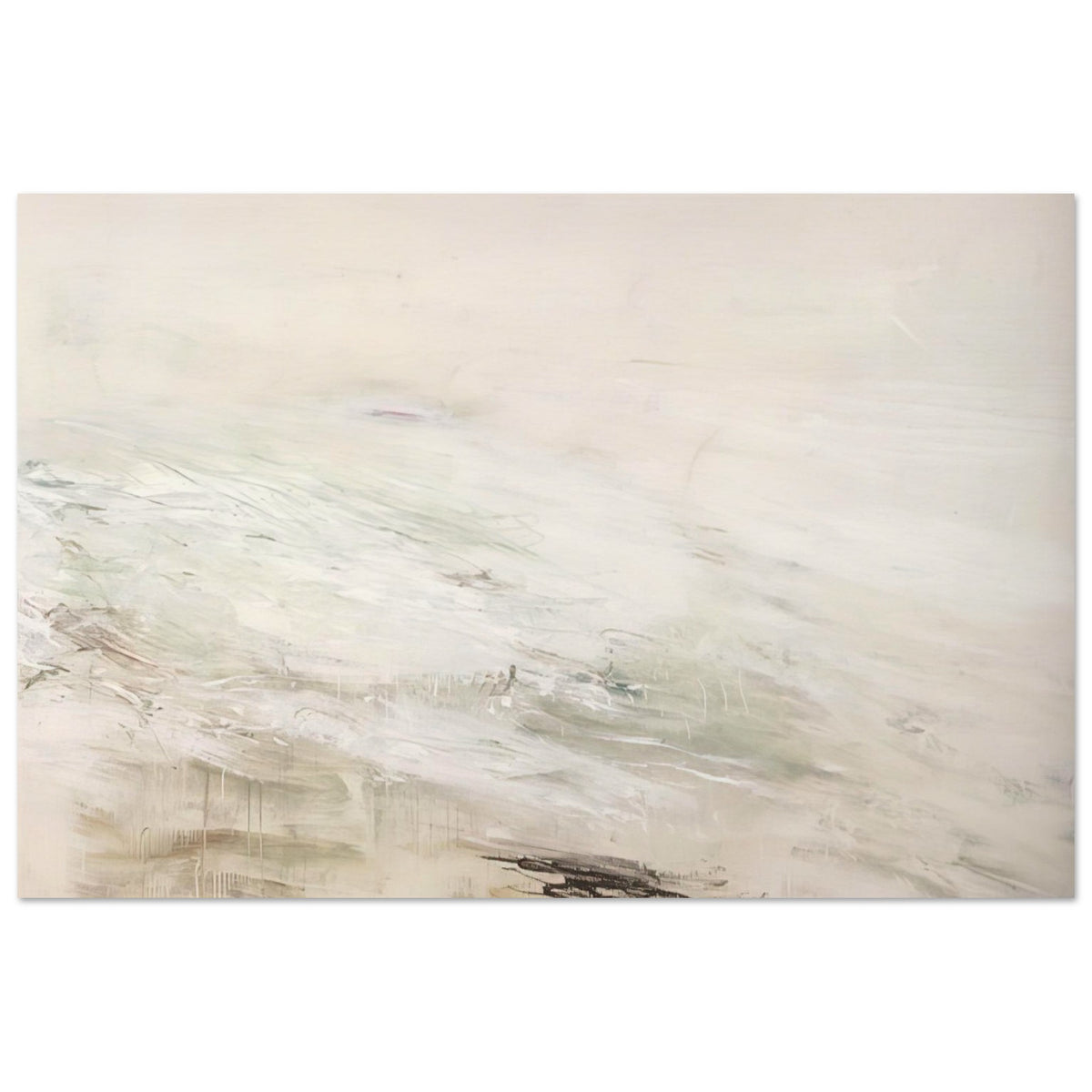 Hero and Leandro (A Painting in Four Parts) Part II by Cy Twombly poster, 75 × 100 cm / 30 × 40 in: a pale, expansive background layered with delicate white and gray brushstrokes, subtle beige tones….