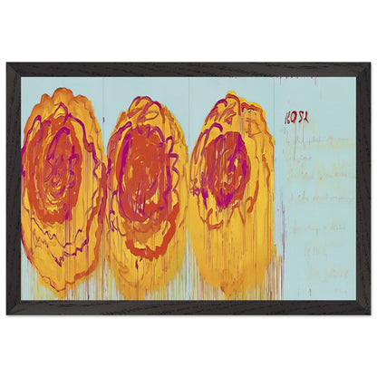 The Rose (I) by Cy Twombly framed art print; featuring three large, abstract rose forms painted in radiant golden yellow, fiery orange, deep red; size 30 × 45 cm (12 × 18 in); black frame.