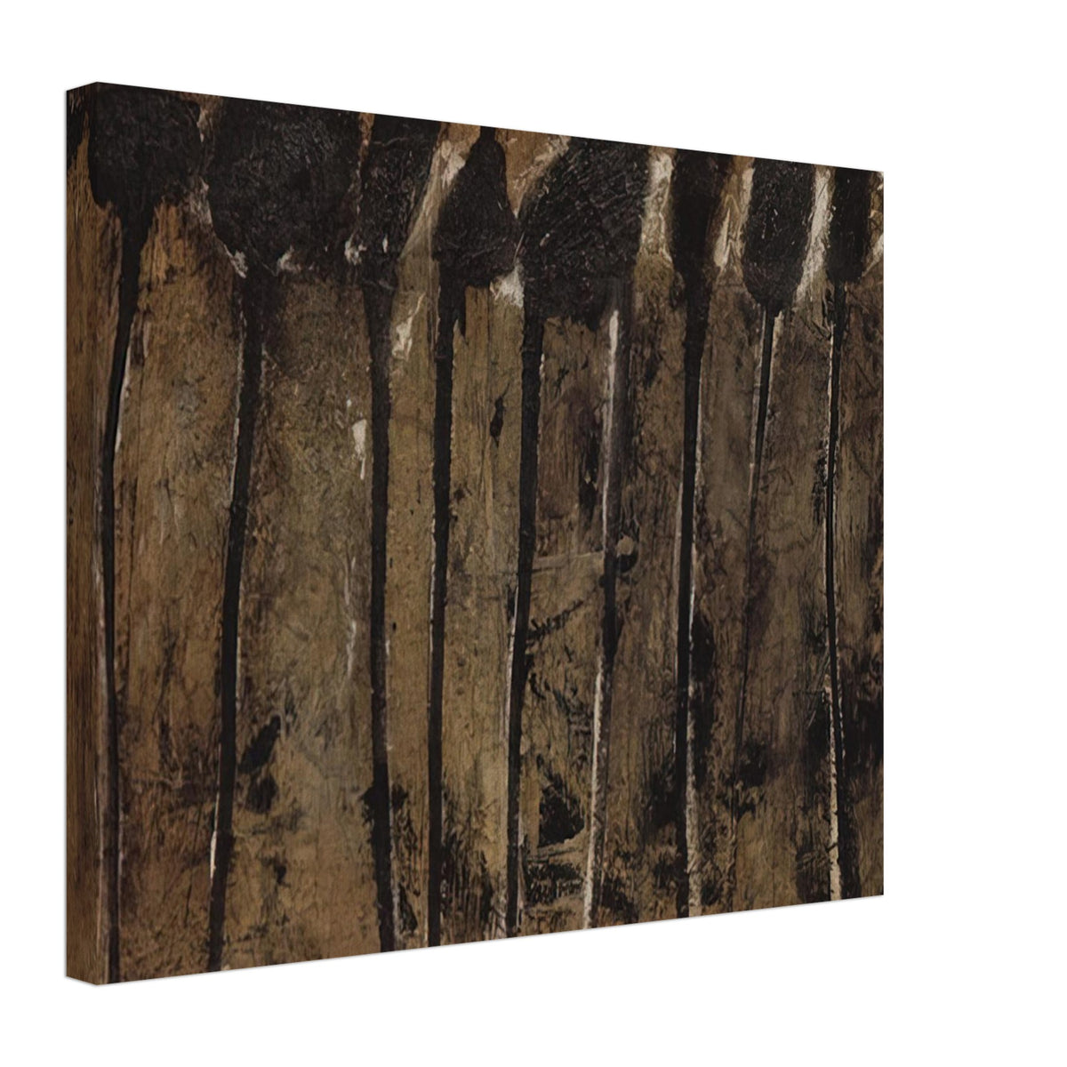 Solon I by Cy Twombly canvas print, 50 × 75 cm / 20 × 30 in: This striking composition features elongated black and dark brown forms set against a textured background….