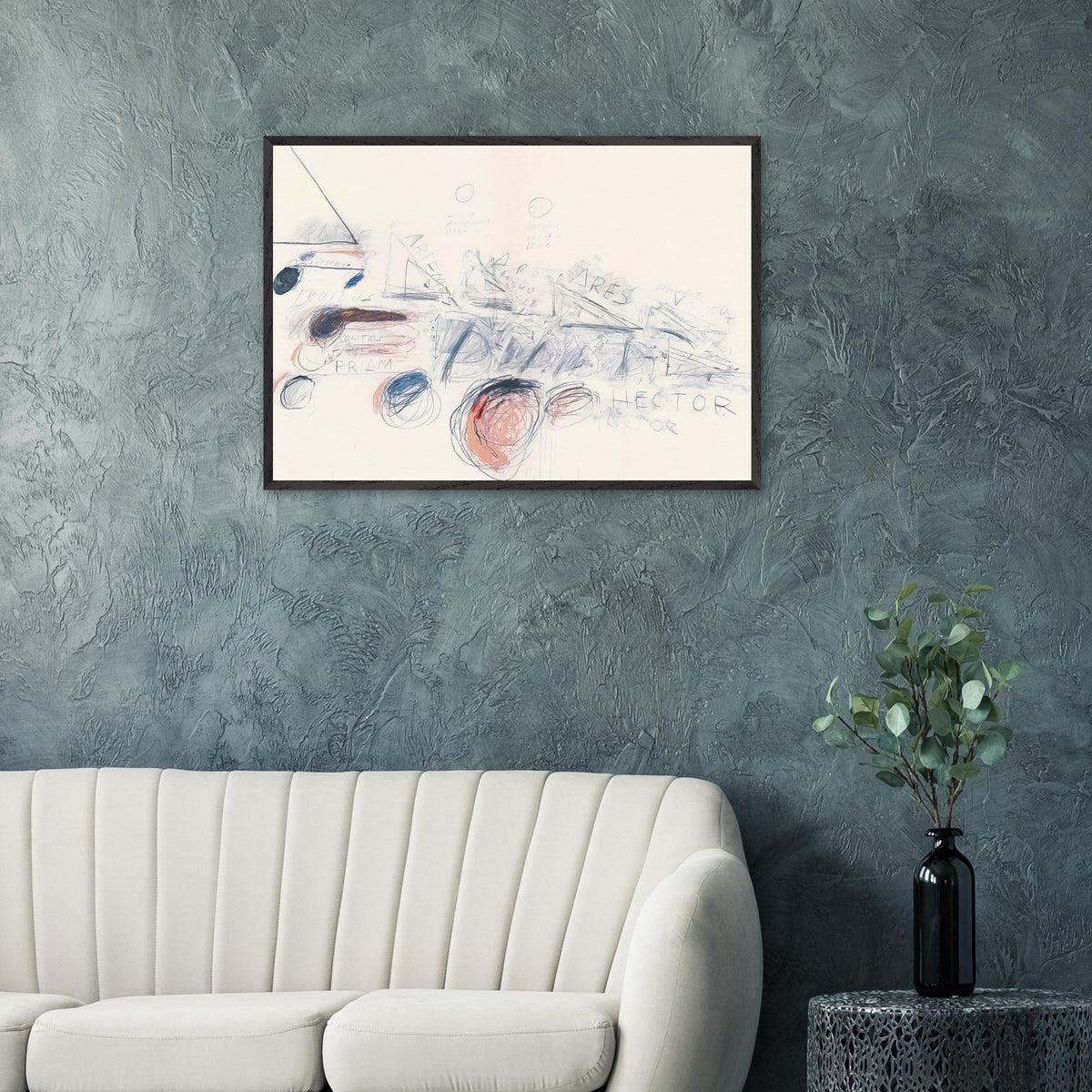 Fifty Days at Iliam: Ilians in Battle by Cy Twombly framed art print; featuring delicate blue-gray lines, energetic red marks, overlapping geometric shapes.