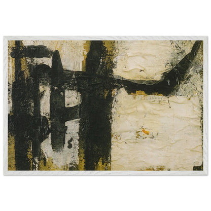 Landscape by Cy Twombly framed art print; featuring bold black and charcoal forms, textured ivory and cream surfaces, and subtle accents of ochre, olive green; size 60 × 90 cm (24 × 36 in); black frame.