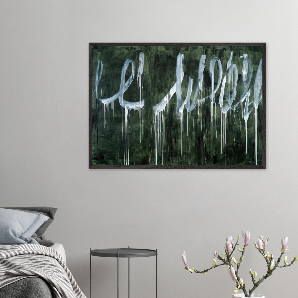 III Notes from Salalah (Note I) by Cy Twombly framed art print; featuring expressive white looping strokes and elongated paint drips against a rich, dark green background.