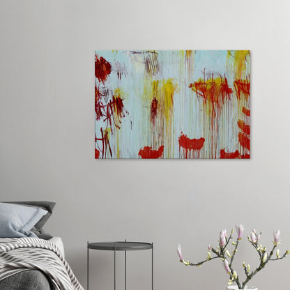 Lepanto, Part XI by Cy Twombly canvas print: This striking composition features a pale turquoise background layered with vivid yellow, golden ochre….