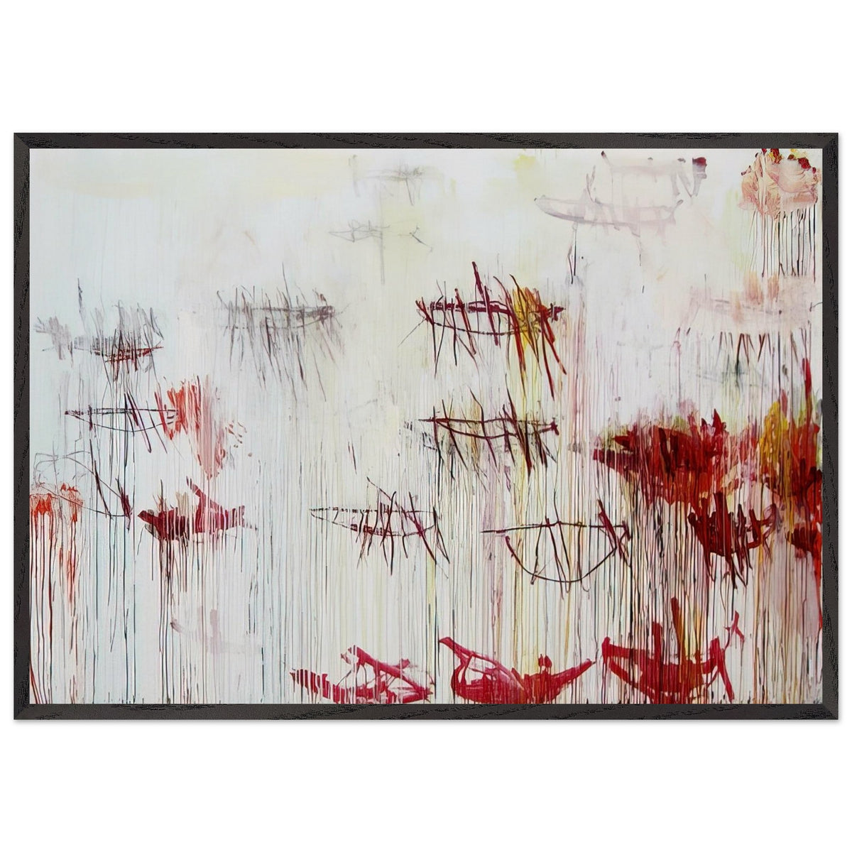 Lepanto, Part IX by Cy Twombly framed art print; featuring a luminous pale blue and ivory background, energetic crimson and burgundy marks, delicate yellow accents; size 800 × 1200 mm (32 × 48 in); white frame.