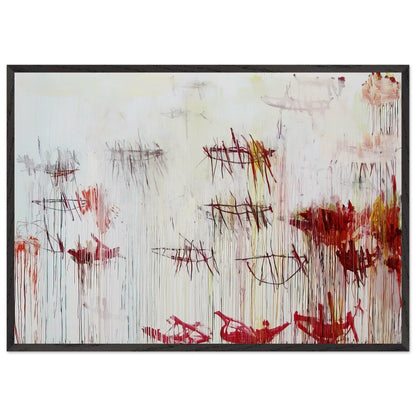 Lepanto, Part IX by Cy Twombly framed art print; featuring a luminous pale blue and ivory background, energetic crimson and burgundy marks, delicate yellow accents; size 800 × 1200 mm (32 × 48 in); white frame.