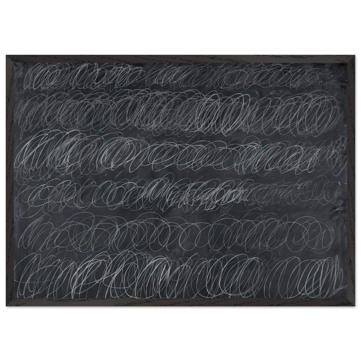 Cold Stream by Cy Twombly framed art print; featuring dense, repeating white and gray scribbled lines arranged in horizontal rows across a deep charcoal-gray; size A1 (59.4 × 84.1 cm); black frame.