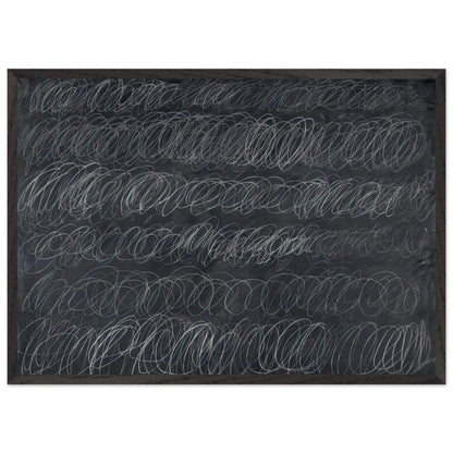 Cold Stream by Cy Twombly framed art print; featuring dense, repeating white and gray scribbled lines arranged in horizontal rows across a deep charcoal-gray; size A1 (59.4 × 84.1 cm); black frame.