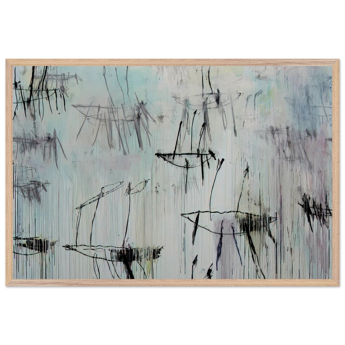 Lepanto, Part V by Cy Twombly framed art print; featuring a pale blue and ivory background, expressive black lines, delicate gray marks, subtle pink undertones; size 60 × 90 cm (24 × 36 in); wood frame.