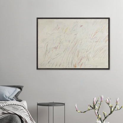 Sunset by Cy Twombly framed art print; featuring a soft ivory background covered with delicate pencil marks, flowing curves, spontaneous scribbles.