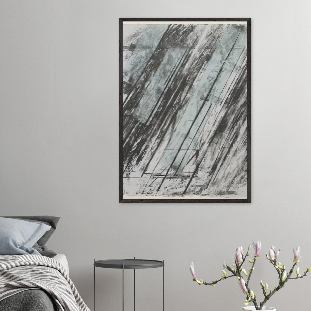 Untitled (Bastian 38) by Cy Twombly, framed art print, powerful diagonal strokes, layered black and gray marks