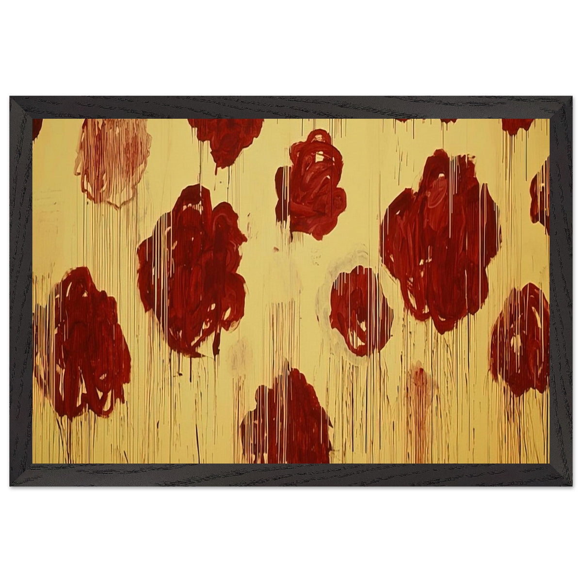 Untitled (Blooming, A Scattering of Blossoms & Other Things) by Cy Twombly framed art print; featuring vivid crimson-red and deep burgundy blossoms scattered across a luminous golden-yellow background; size A1 (59.4 × 84.1 cm); white frame.