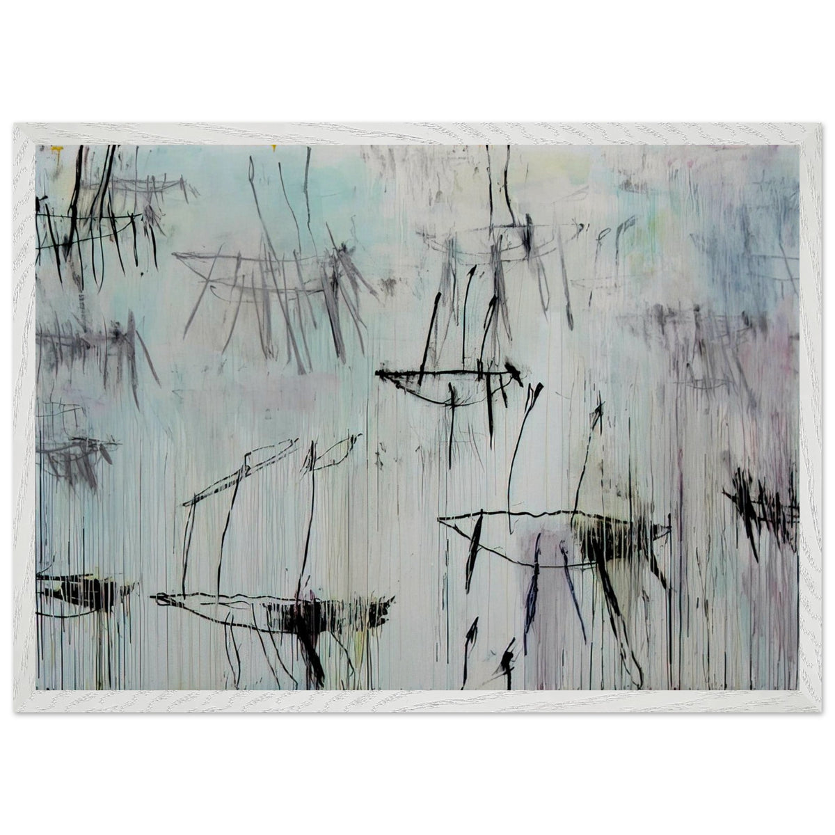 Lepanto, Part V by Cy Twombly framed art print; featuring a pale blue and ivory background, expressive black lines, delicate gray marks, subtle pink undertones; size 50 × 70 cm (20 × 28 in); wood frame.