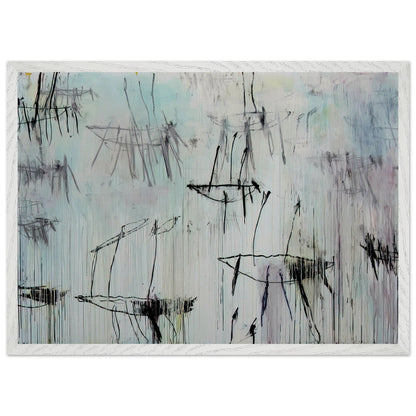 Lepanto, Part V by Cy Twombly framed art print; featuring a pale blue and ivory background, expressive black lines, delicate gray marks, subtle pink undertones; size 50 × 70 cm (20 × 28 in); wood frame.
