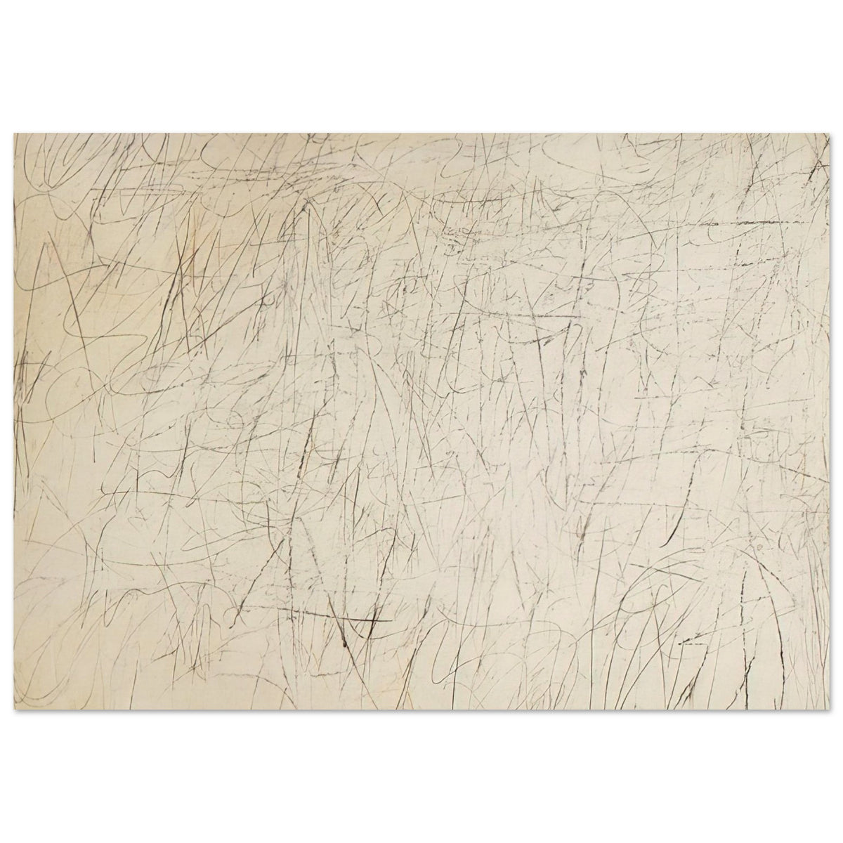 The Geeks by Cy Twombly poster, 40 × 60 cm / 16 × 24 in: This expressive composition features a warm ivory background covered with an intricate network….