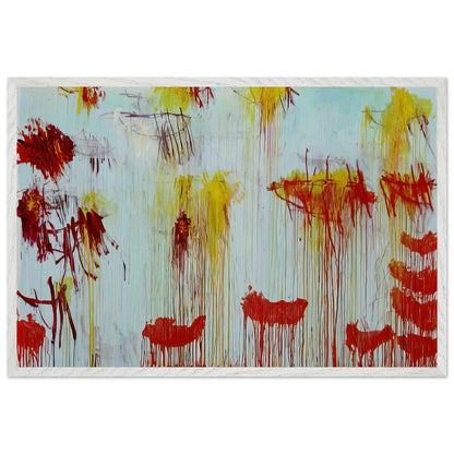 Lepanto, Part XI by Cy Twombly framed art print; featuring a luminous turquoise and pale blue background with vibrant golden-yellow brushstrokes; size 60 × 90 cm (24 × 36 in); white frame.