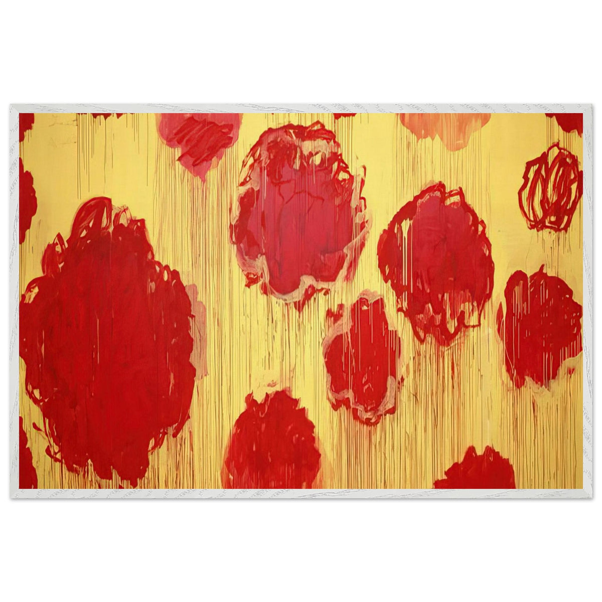 Untitled (Peonias Series) by Cy Twombly framed art print; featuring bold crimson-red and scarlet flower forms against a luminous golden-yellow background; size 30 × 45 cm (12 × 18 in); black frame.