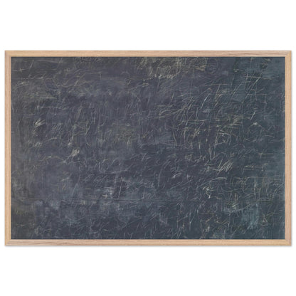 Panorama by Cy Twombly framed art print; featuring a deep charcoal-gray background covered with intricate white and pale-gray scribbles, intersecting lines; size 60 × 90 cm (24 × 36 in); white frame.