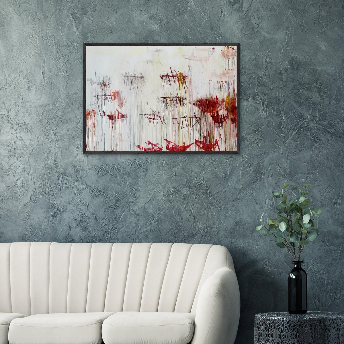 Lepanto, Part IX by Cy Twombly framed art print; featuring a luminous pale blue and ivory background, energetic crimson and burgundy marks, delicate yellow accents.