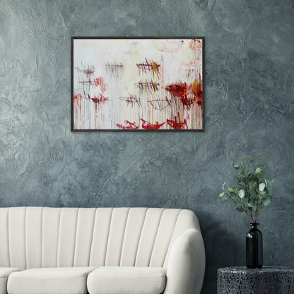 Lepanto, Part IX by Cy Twombly framed art print; featuring a luminous pale blue and ivory background, energetic crimson and burgundy marks, delicate yellow accents.