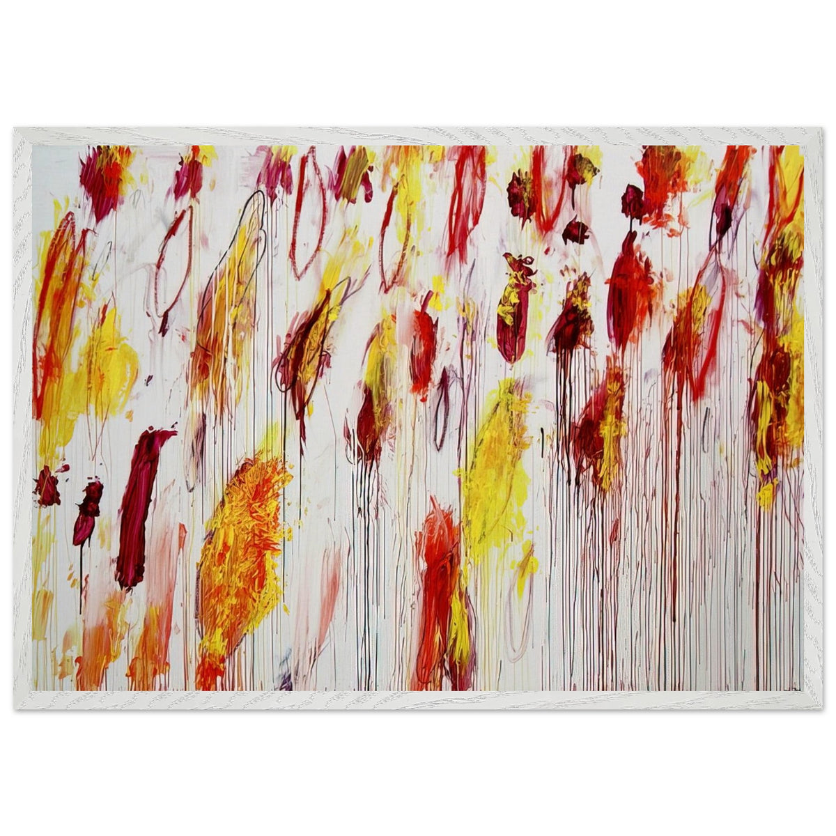Lepanto, Part IV by Cy Twombly framed art print; featuring vivid yellow and golden-orange pigments, fiery red and crimson brushstrokes, delicate pink accents; size 800 × 1200 mm (32 × 48 in); black frame.