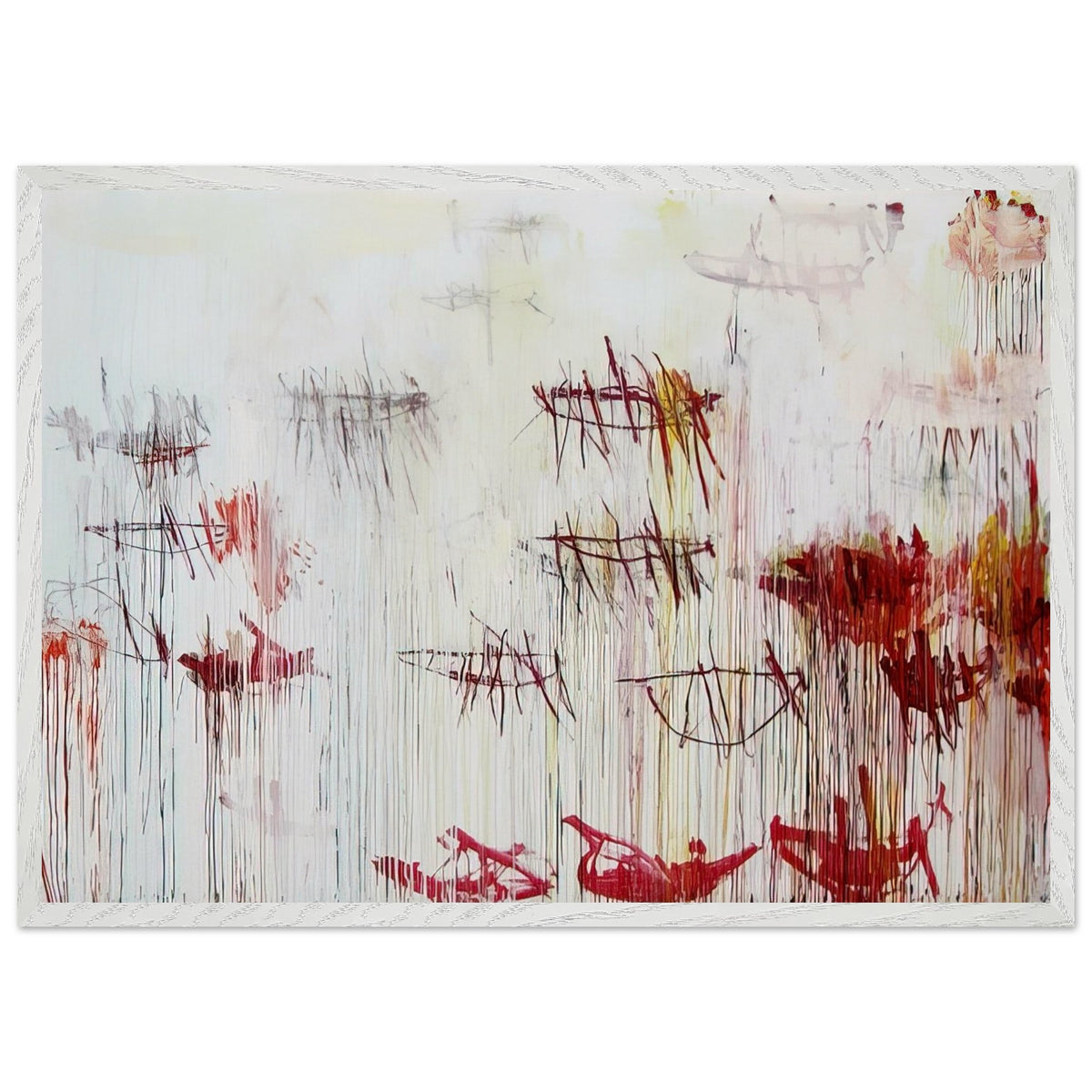 Lepanto, Part IX by Cy Twombly framed art print; featuring a luminous pale blue and ivory background, energetic crimson and burgundy marks, delicate yellow accents; size 800 × 1200 mm (32 × 48 in); black frame.