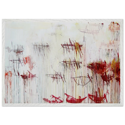 Lepanto, Part IX by Cy Twombly framed art print; featuring a luminous pale blue and ivory background, energetic crimson and burgundy marks, delicate yellow accents; size 800 × 1200 mm (32 × 48 in); black frame.