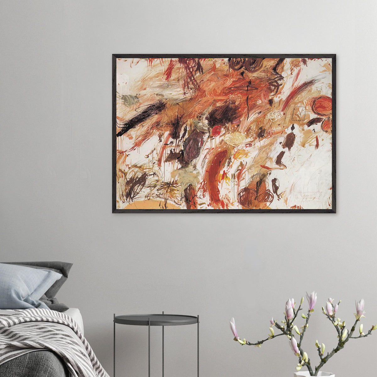 Ferragosto V by Cy Twombly framed art print; featuring energetic brushstrokes, layered pigments, and spontaneous gestures in shades of rust red, burnt orange.