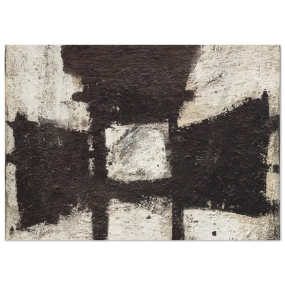 Zyig by Cy Twombly poster, 60 × 90 cm / 24 × 36 in: This striking composition features bold black and charcoal forms against a textured ivory and off-white….