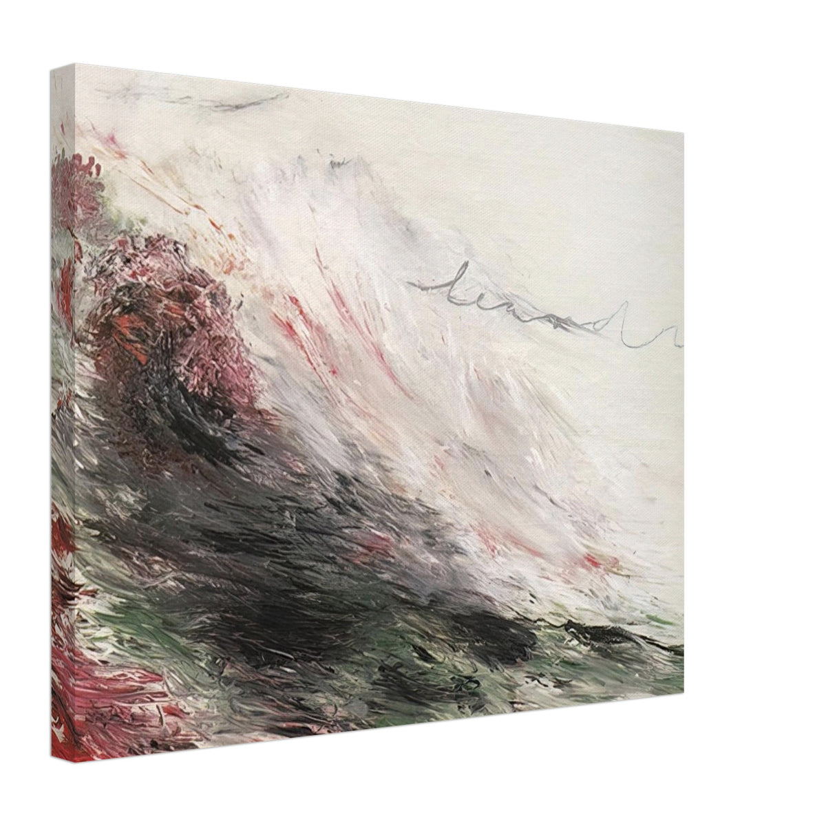 Hero and Leandro (A Painting in Four Parts) Part I by Cy Twombly canvas print, 70 × 100 cm / 28 × 40 in: sweeping white and gray strokes with muted pink, deep green, charcoal, and earthy red tones.