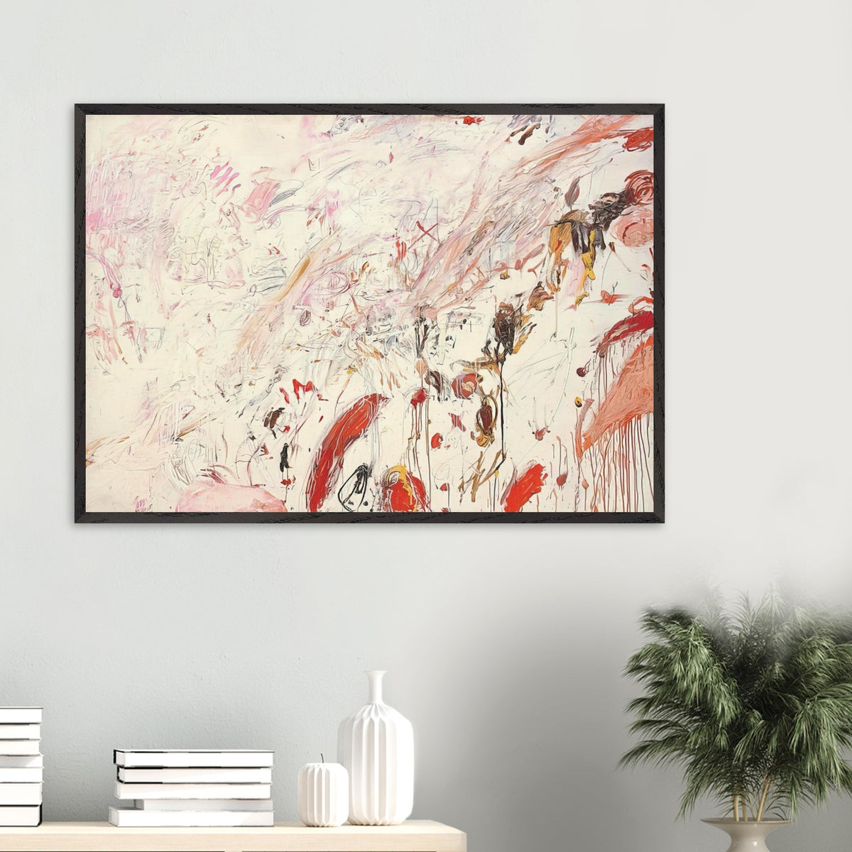 Ferragosto III by Cy Twombly framed art print; featuring energetic brushstrokes, delicate scribbles, and layered gestures in shades of red, pink, rust, orange, ochre.