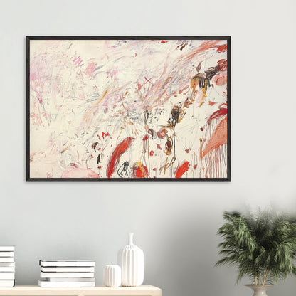 Ferragosto III by Cy Twombly framed art print; featuring energetic brushstrokes, delicate scribbles, and layered gestures in shades of red, pink, rust, orange, ochre.