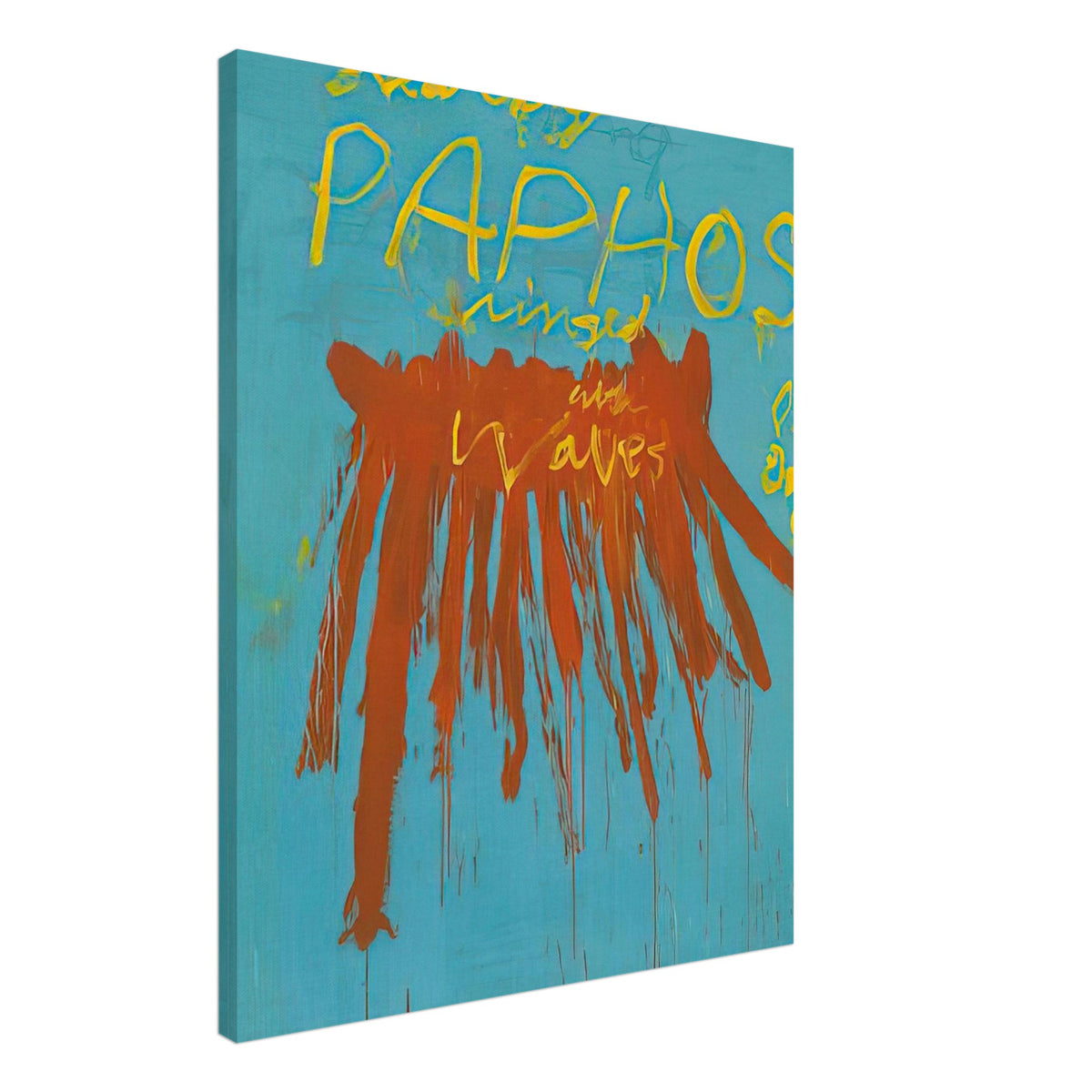 Leaving Paphos Ringed with Waves (IV) by Cy Twombly, canvas print, 70x100 cm / 28x40″; a turquoise background with bold orange-red brushstrokes and expressive yellow handwritten lettering