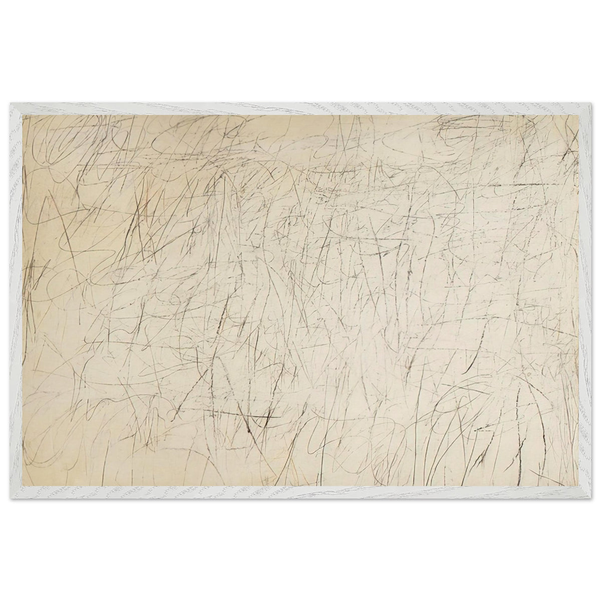 The Geeks by Cy Twombly framed art print; featuring an ivory and warm beige background covered with delicate pencil-like scribbles, intersecting lines; size 50 × 70 cm (20 × 28 in); white frame.