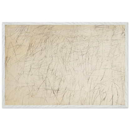 The Geeks by Cy Twombly framed art print; featuring an ivory and warm beige background covered with delicate pencil-like scribbles, intersecting lines; size 50 × 70 cm (20 × 28 in); white frame.