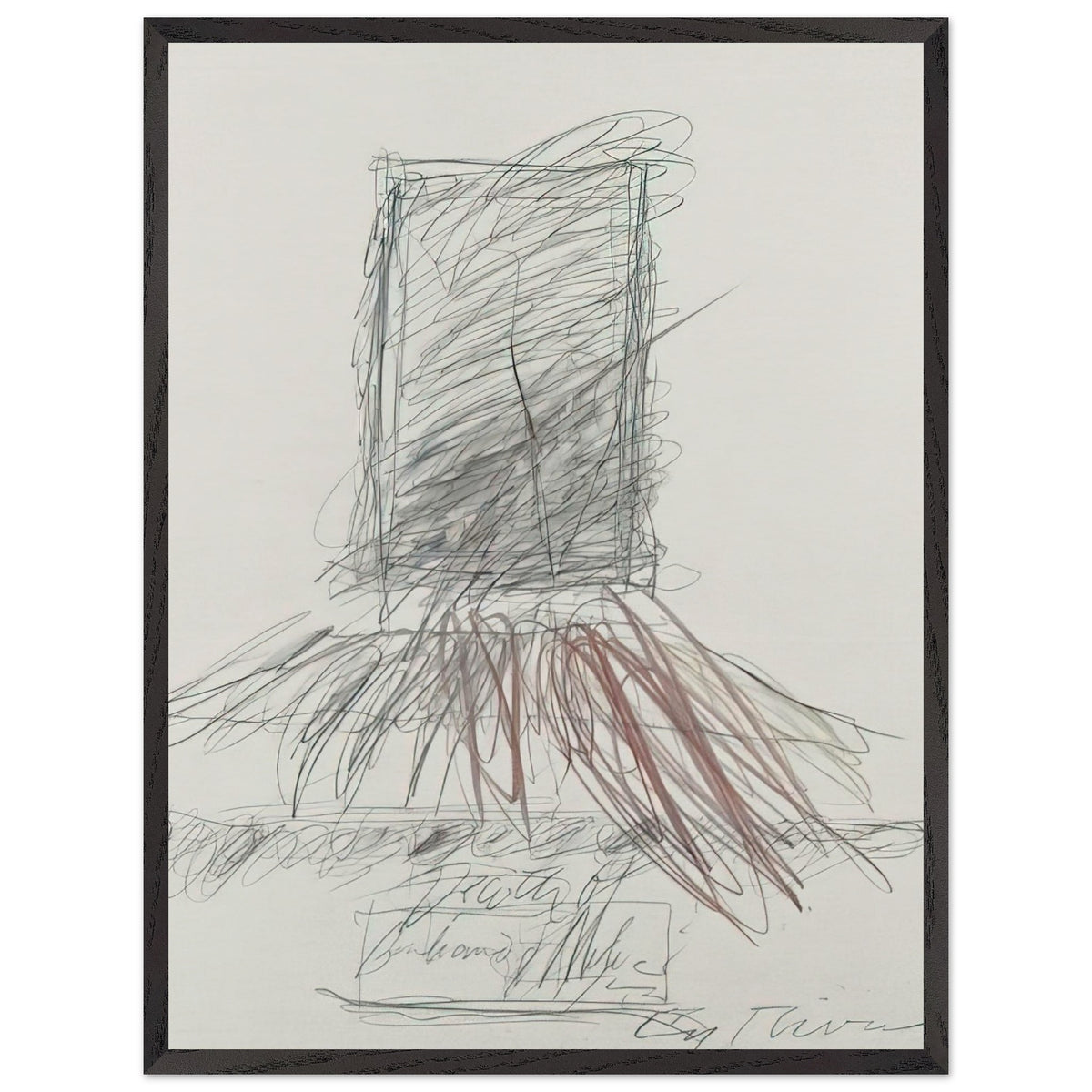 Anabasis (Xenophon) by Cy Twombly, framed art print, 40x50 cm / 16x20″, Wood frame; energetic black strokes, delicate looping lines, warm orange accents