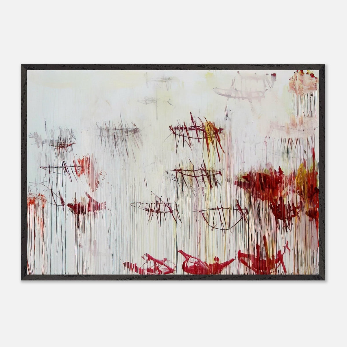 Lepanto, Part IX by Cy Twombly framed art print; featuring a luminous pale blue and ivory background, energetic crimson and burgundy marks, delicate yellow accents.