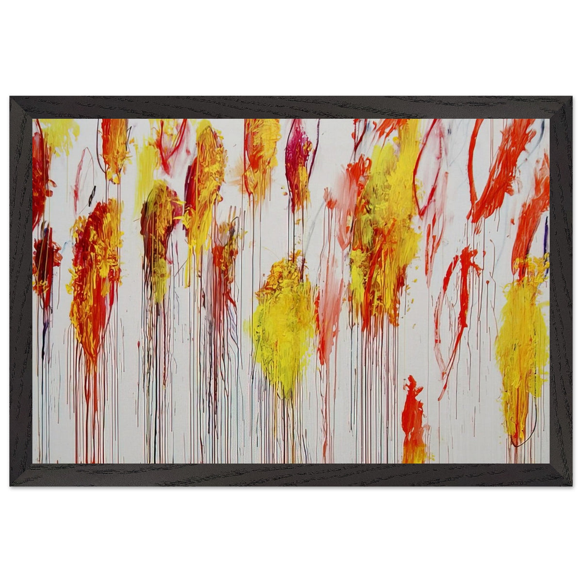 Lepanto, Part XII by Cy Twombly framed art print; featuring vibrant golden-yellow and orange brushstrokes, fiery red and crimson accents; size 800 × 1200 mm (32 × 48 in); black frame.
