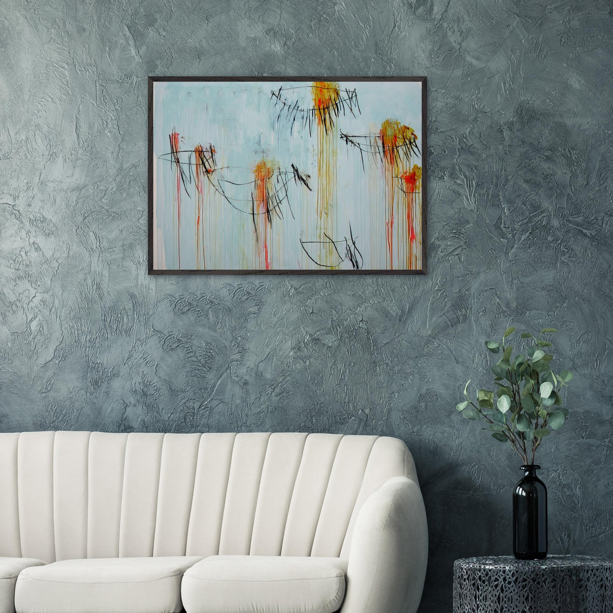 Lepanto, Part II by Cy Twombly framed art print; featuring a luminous turquoise-blue background, energetic black gestural lines, and vivid accents of yellow, orange.