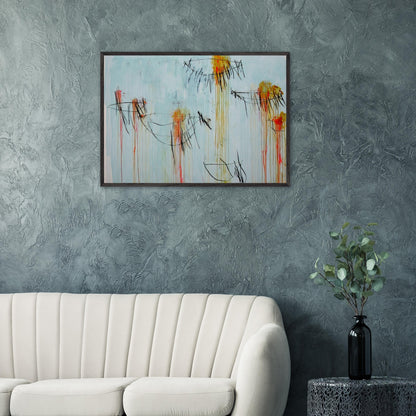Lepanto, Part II by Cy Twombly framed art print; featuring a luminous turquoise-blue background, energetic black gestural lines, and vivid accents of yellow, orange.