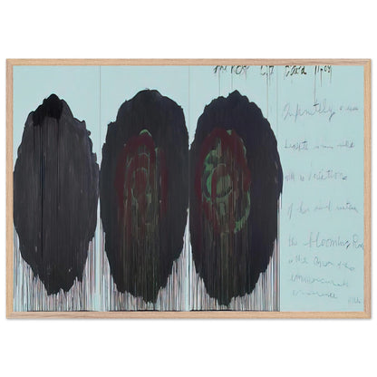 The Rose (V) by Cy Twombly framed art print; featuring three monumental rose forms in deep black, charcoal, burgundy, and dark crimson; size 60 × 90 cm (24 × 36 in); black frame.