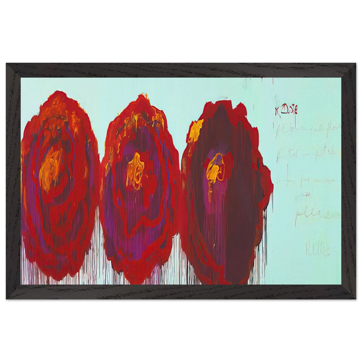 The Rose (IV) by Cy Twombly framed art print; featuring three oversized rose forms in deep crimson, fiery red, rich burgundy, and vivid violet; size 28 × 43 cm (11 × 17 in); wood frame.