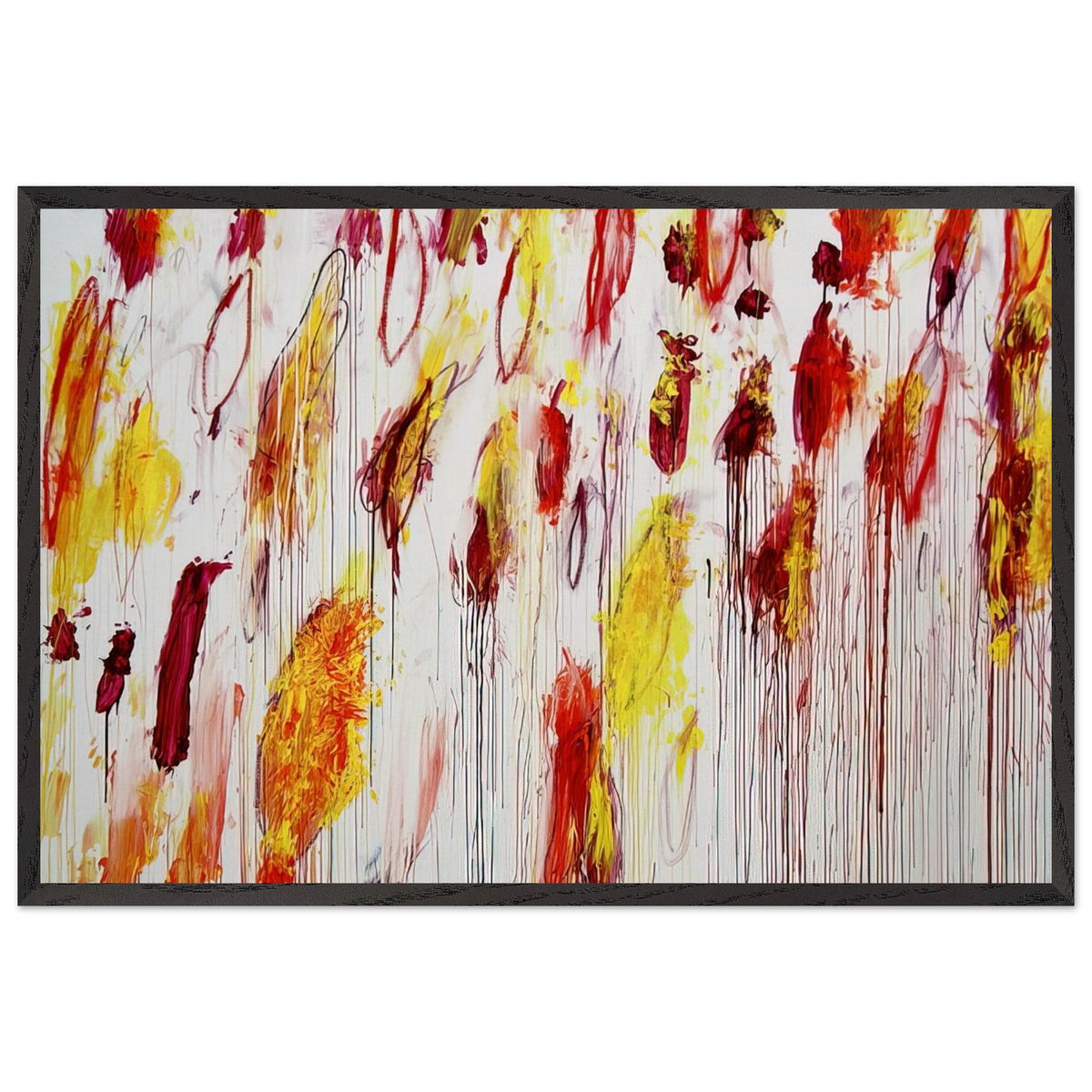 Lepanto, Part IV by Cy Twombly framed art print; featuring vivid yellow and golden-orange pigments, fiery red and crimson brushstrokes, delicate pink accents; size A1 (59.4 × 84.1 cm); wood frame.