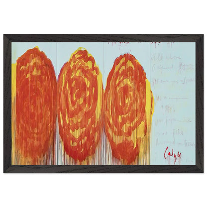 The Rose (II) by Cy Twombly framed art print; featuring three oversized rose-like forms in vibrant orange, fiery red; size 50 × 70 cm (20 × 28 in); wood frame.