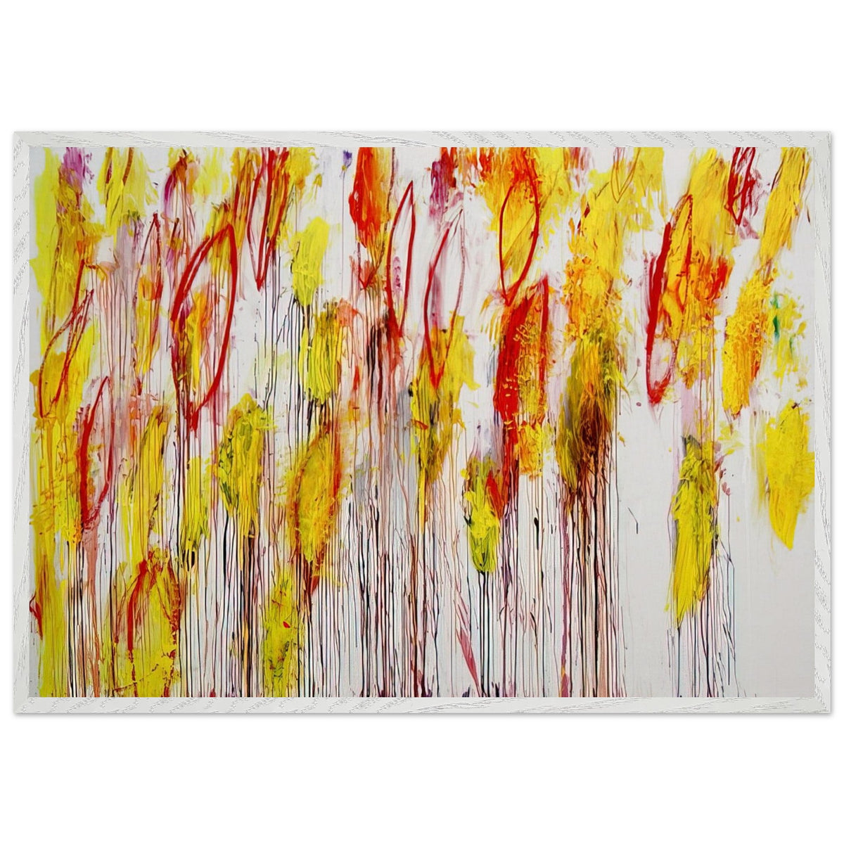 Lepanto, Part I by Cy Twombly framed art print; featuring vivid yellow and golden-orange brushstrokes, fiery red accents, delicate pink marks; size 50 × 70 cm (20 × 28 in); wood frame.