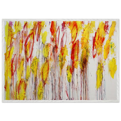 Lepanto, Part I by Cy Twombly framed art print; featuring vivid yellow and golden-orange brushstrokes, fiery red accents, delicate pink marks; size 50 × 70 cm (20 × 28 in); wood frame.