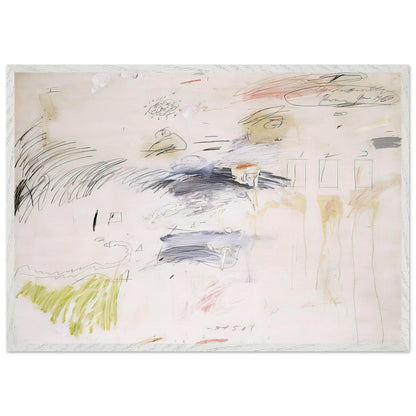 Untitled, Rome by Cy Twombly framed art print; featuring a warm ivory background layered with spontaneous black and charcoal lines, delicate pencil-like gestures; size 28 × 43 cm (11 × 17 in); black frame.