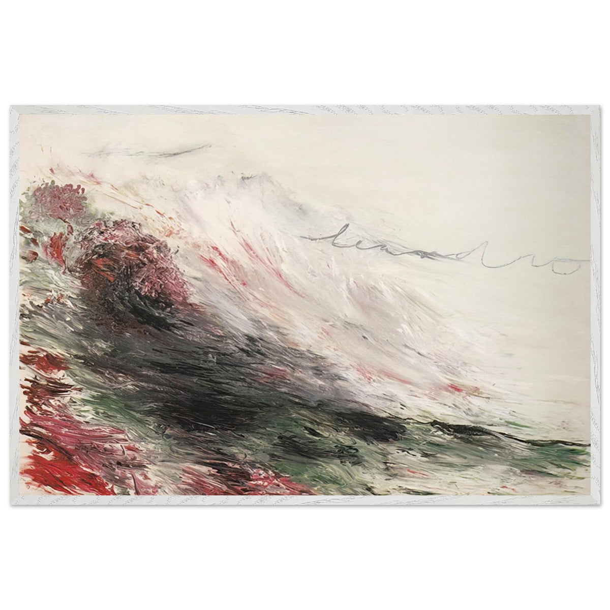 Hero and Leandro (A Painting in Four Parts) Part I by Cy Twombly framed art print; featuring sweeping white and pale gray brushstrokes, layered charcoal and black marks, subtle green tones; size 800 × 1200 mm (32 × 48 in); wood frame.