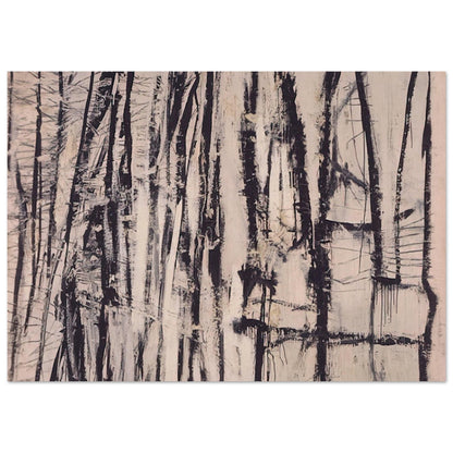 Quarzazat by Cy Twombly poster, 60 × 90 cm / 24 × 36 in: This atmospheric composition features a dense arrangement of vertical black and dark brown marks against….