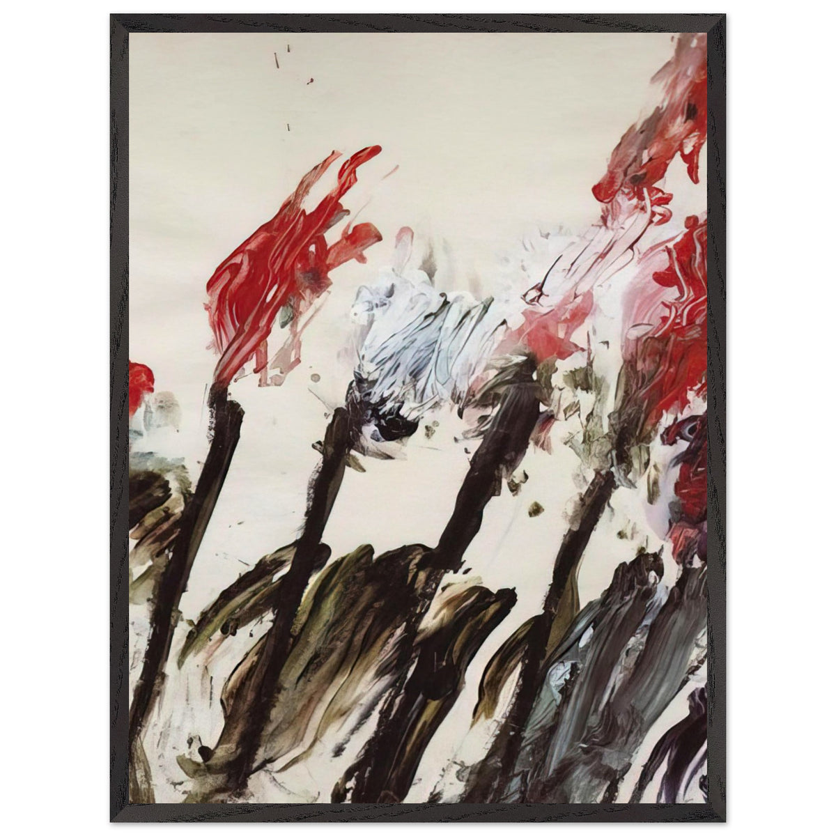Nicola's Irises by Cy Twombly, framed art print, 50x70 cm / 20x28″, Black frame; sweeping red and crimson brushstrokes, delicate pink accents, cool blue details